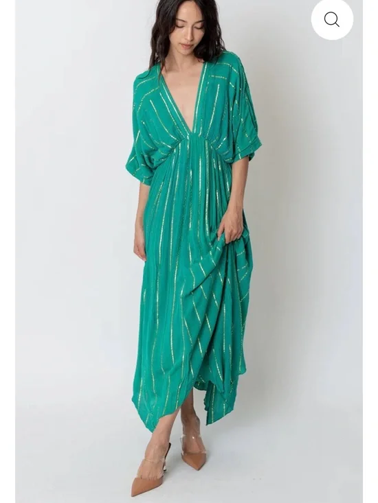 En Crème sold out Sabrina Lurex Kimono Maxi boho hippie Dress in teal, sz small - Picture 3 of 12